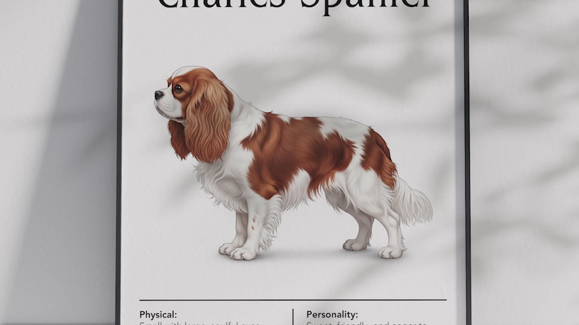 Detailed Cavalier King Charles Spaniel dog breed poster showcasing its charming features and gentle, loving personality traits, printed on semi-gloss sustainable paper. Perfect wall art for living rooms, bedrooms, or modern interiors with a graceful and affectionate aesthetic.