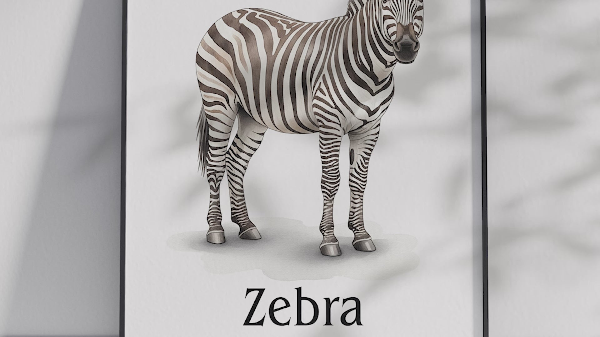 Detailed hand-illustrated Educational Zebra Animal Poster for the letter 'Z', printed on semi-gloss sustainable paper. Perfect wall art for children's rooms, nurseries, or playrooms with an educational and nature-inspired aesthetic.
