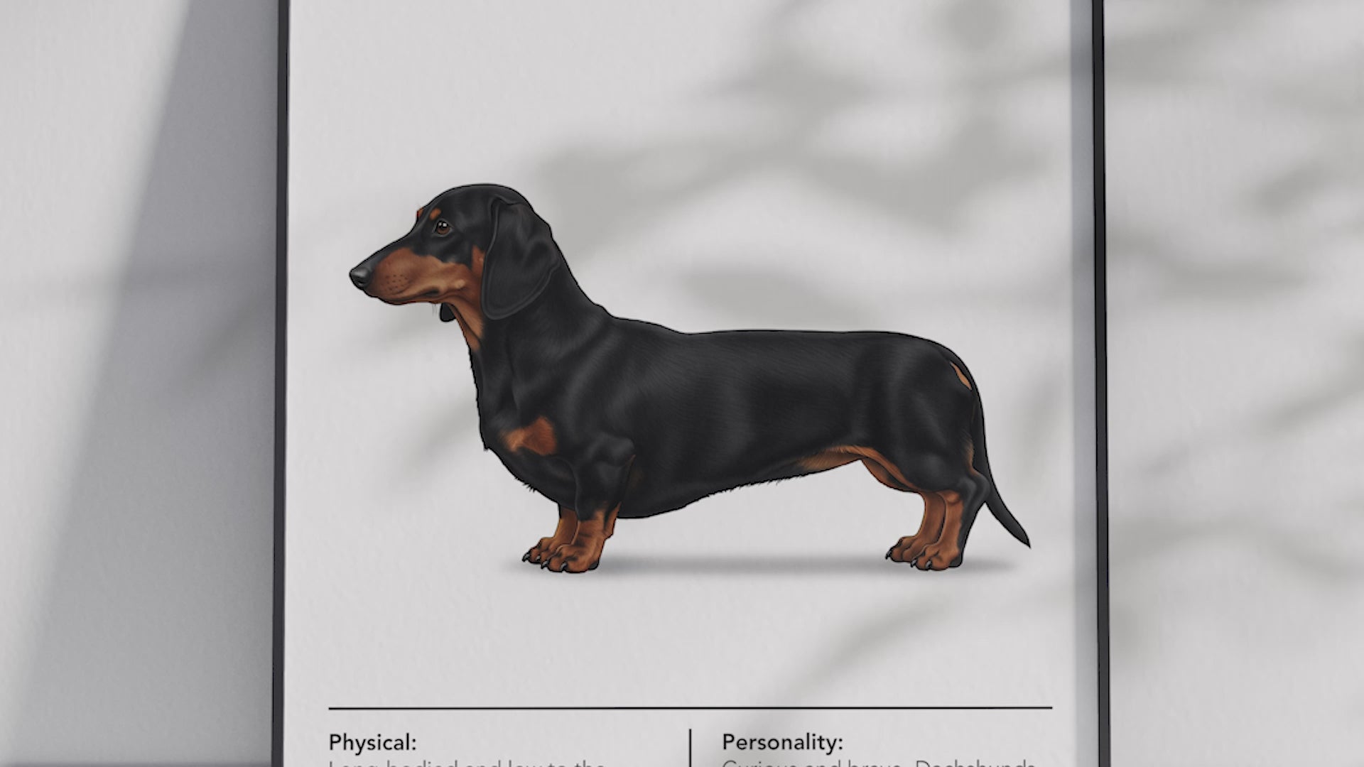 Detailed Dachshund dog breed poster showcasing its long body and bold, loyal personality traits, printed on semi-gloss sustainable paper. Perfect wall art for living rooms, studies, or modern interiors with a spirited and charming aesthetic.