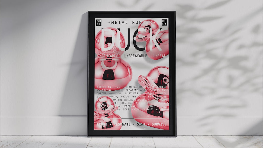 Vibrant metallic rubber duck poster featuring a glossy and reflective illustration in various colors. This modern pop art print is perfect for adding a bold and playful statement to living rooms, offices, or minimalist interiors.