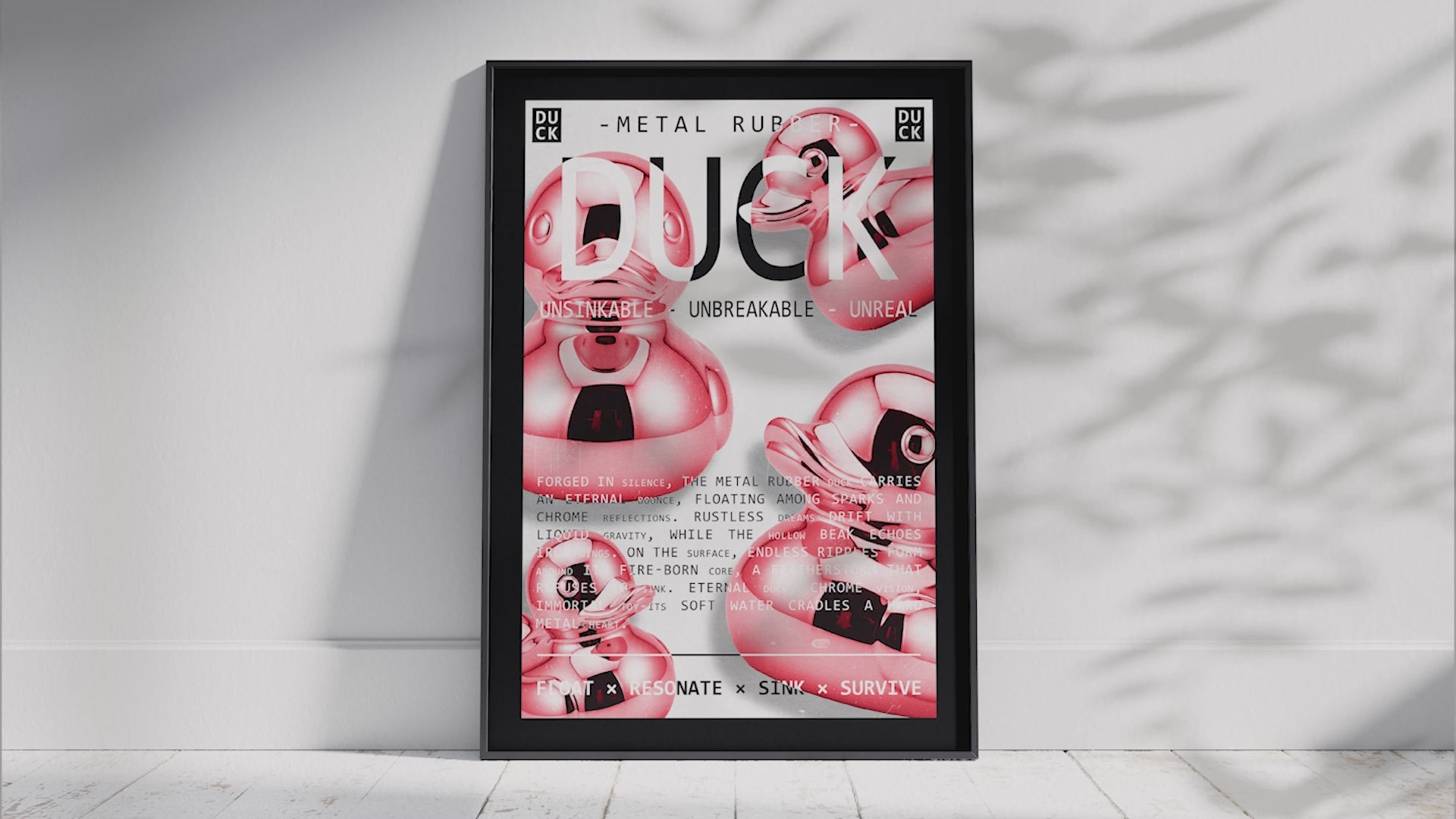 Vibrant metallic rubber duck poster featuring a glossy and reflective illustration in various colors. This modern pop art print is perfect for adding a bold and playful statement to living rooms, offices, or minimalist interiors.