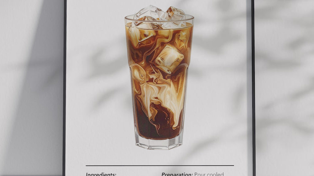 Minimalist Iced Coffee art poster featuring a detailed illustration of the drink with its recipe, printed on semi-gloss sustainable paper. Perfect wall art for kitchens, coffee bars, or modern interiors with a fresh and inviting aesthetic.