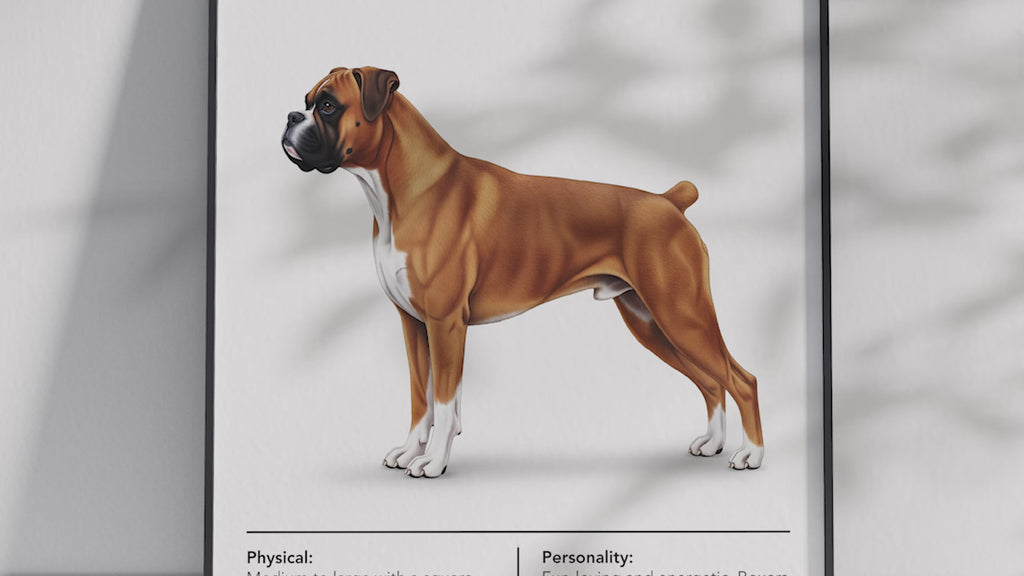 Detailed Boxer dog breed poster showcasing its strong build and playful, loyal personality traits, printed on semi-gloss sustainable paper. Perfect wall art for family rooms, living rooms, or modern interiors with a spirited and affectionate aesthetic.