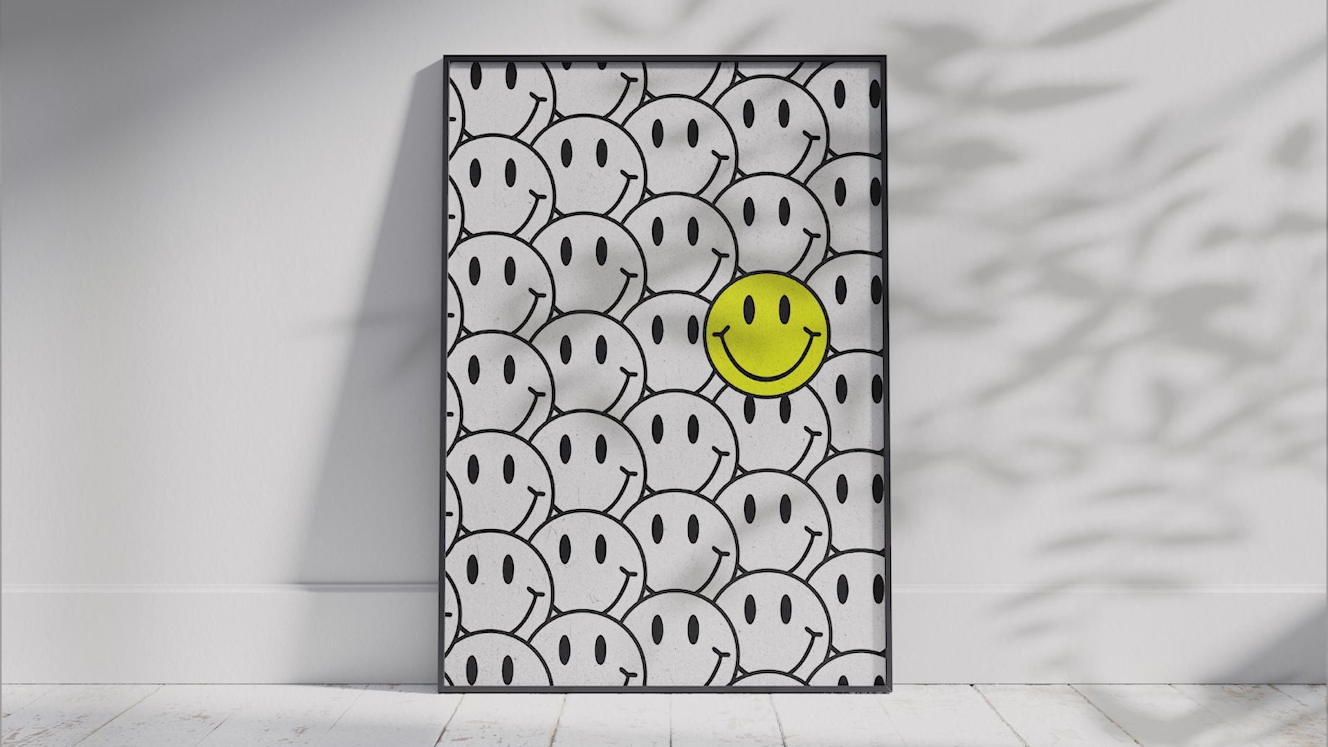 Vibrant "Bright Smiley Grid Quote Art Poster" featuring the text "Joy begins with a smile" and a structured grid of yellow and outlined smiley faces. Printed on semi-gloss sustainable paper, this modern motivational wall art is perfect for living rooms, bedrooms, or offices, encouraging positivity and happiness.