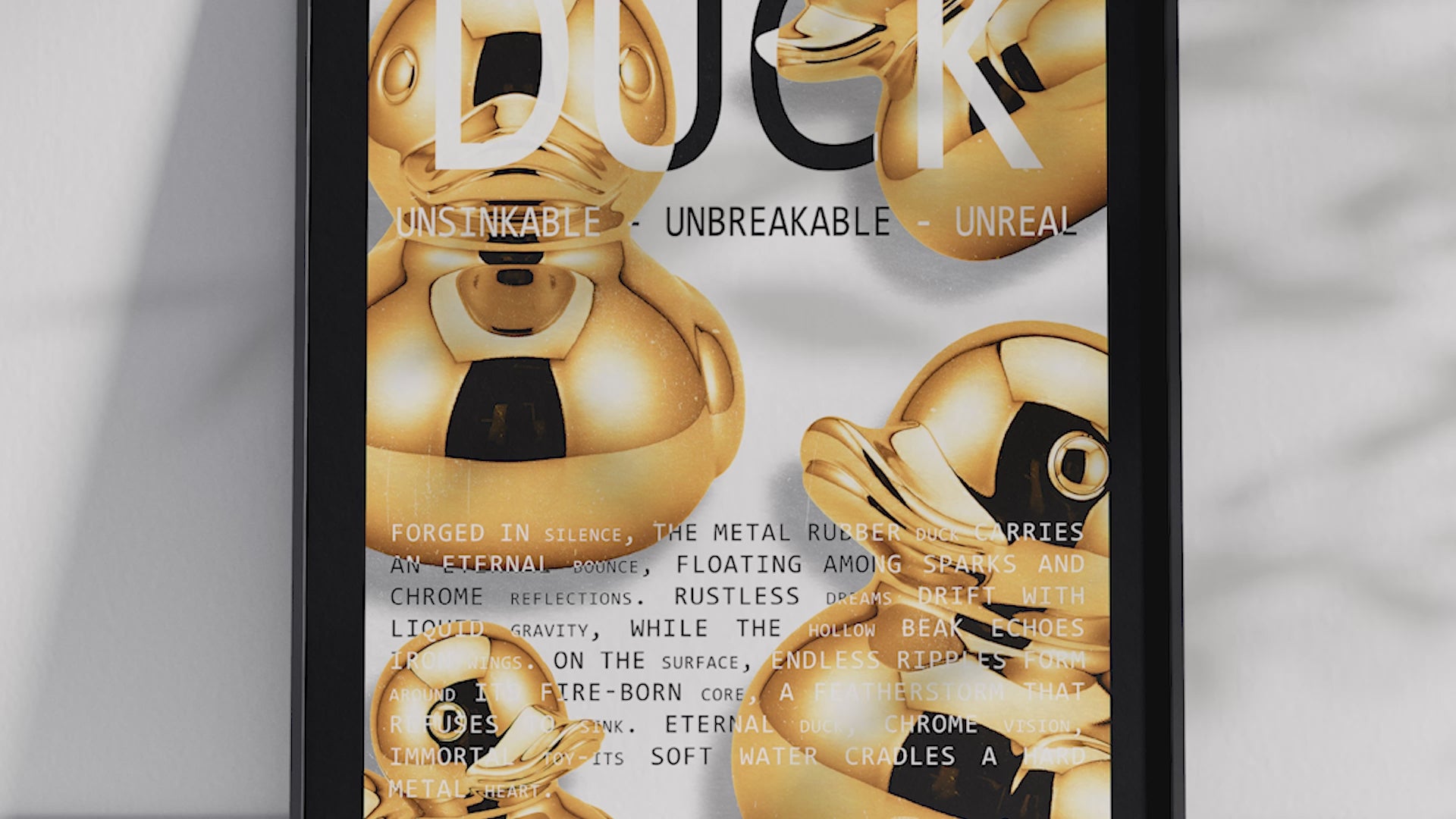 Vibrant metallic rubber duck poster featuring a glossy and reflective illustration in various colors. This modern pop art print is perfect for adding a bold and playful statement to living rooms, offices, or minimalist interiors.