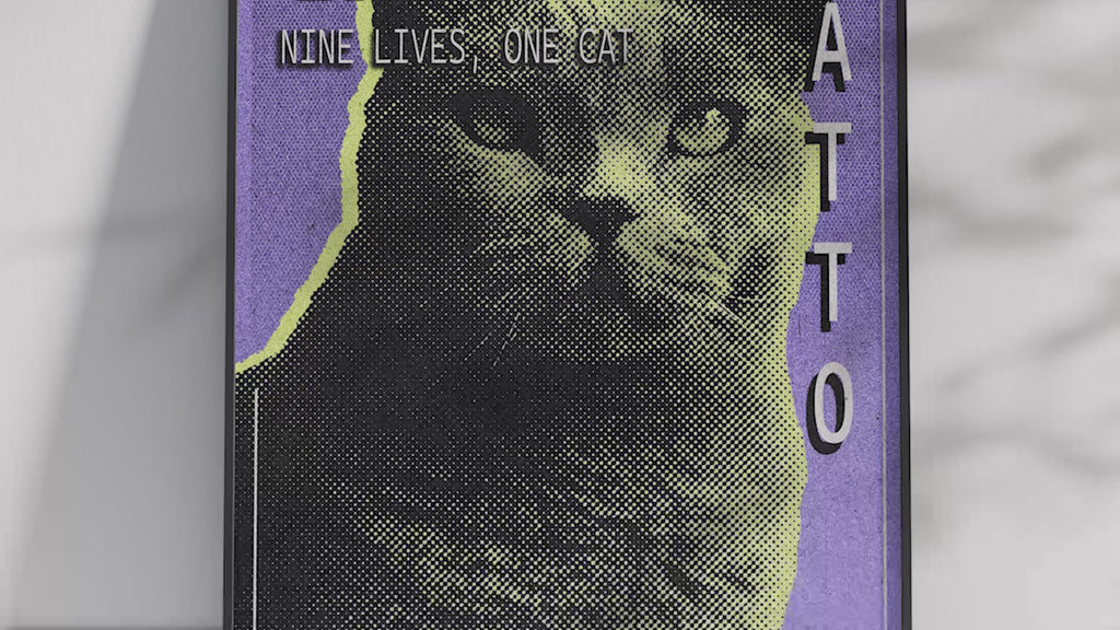 Retro pop art cat poster featuring a graphic feline illustration in yellow tones on a vibrant purple pixelated background, printed on semi-gloss paper. Ideal wall art for living rooms, bedrooms, or modern interiors of cat lovers with a playful and artistic aesthetic.