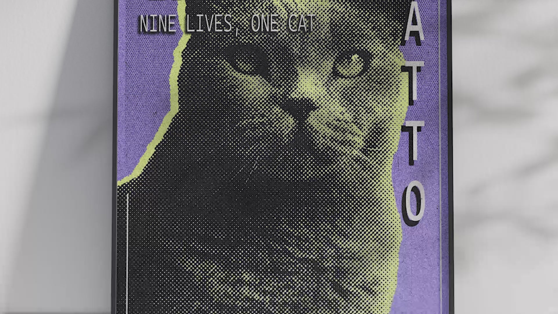 Retro pop art cat poster featuring a graphic feline illustration in yellow tones on a vibrant purple pixelated background, printed on semi-gloss paper. Ideal wall art for living rooms, bedrooms, or modern interiors of cat lovers with a playful and artistic aesthetic.