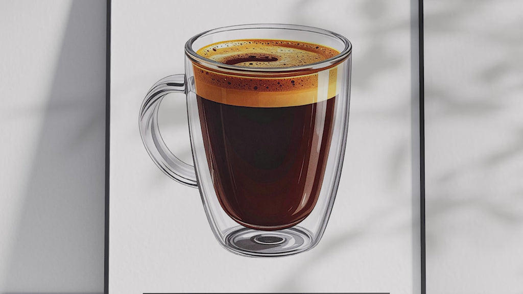 Minimalist Lungo coffee art poster featuring a detailed illustration of the long-pulled espresso with its recipe, printed on semi-gloss sustainable paper. Perfect wall art for kitchens, coffee bars, or modern interiors with a sleek and sophisticated aesthetic.