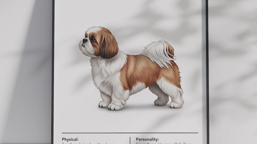 Detailed Shih Tzu dog breed poster showcasing its luxurious flowing coat and charming, affectionate personality traits, printed on semi-gloss sustainable paper. Perfect wall art for living rooms, bedrooms, or modern interiors with an elegant and whimsical aesthetic.
