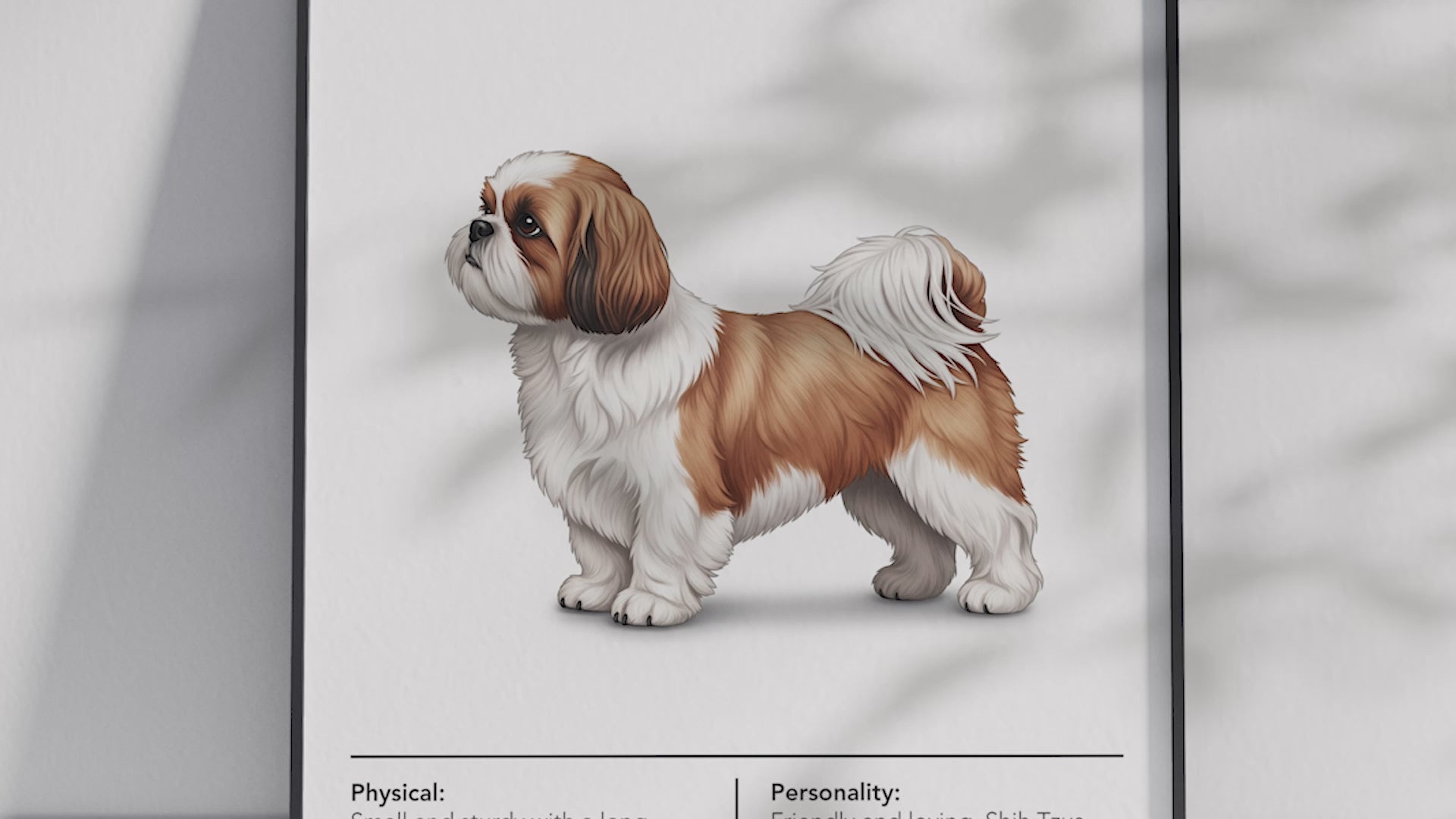 Detailed Shih Tzu dog breed poster showcasing its luxurious flowing coat and charming, affectionate personality traits, printed on semi-gloss sustainable paper. Perfect wall art for living rooms, bedrooms, or modern interiors with an elegant and whimsical aesthetic.
