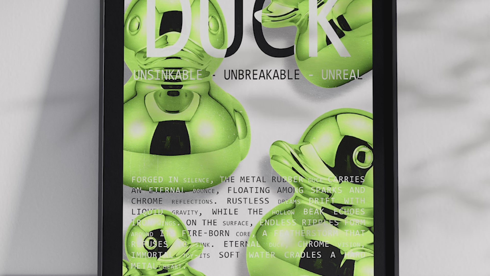 Vibrant metallic rubber duck poster featuring a glossy and reflective illustration in various colors. This modern pop art print is perfect for adding a bold and playful statement to living rooms, offices, or minimalist interiors.