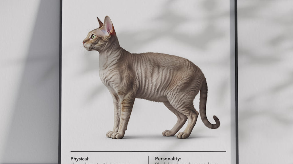 Elegant Cornish Rex cat breed poster featuring a detailed illustration of the cat with its distinctive wavy coat and slender build, printed on semi-gloss sustainable paper. Perfect wall art for modern living rooms, studies, or minimalist interiors with a chic and sophisticated aesthetic.