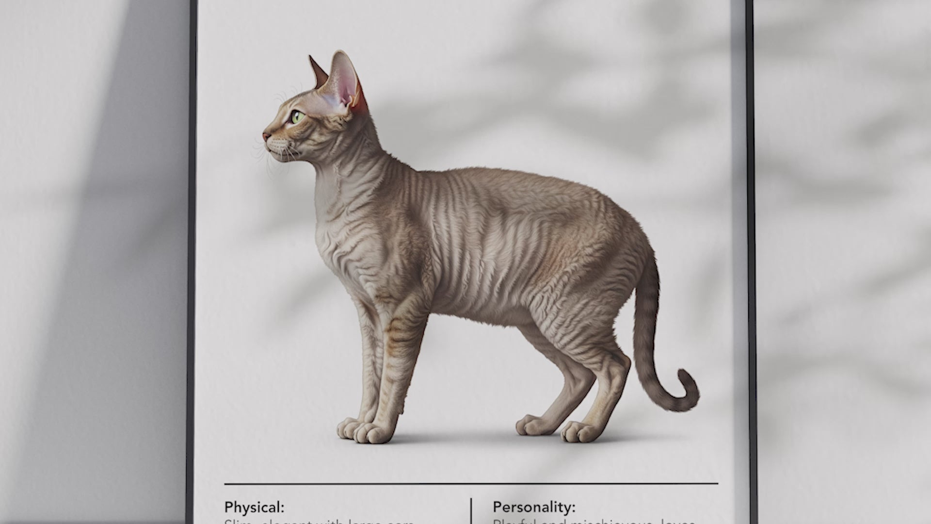 Elegant Cornish Rex cat breed poster featuring a detailed illustration of the cat with its distinctive wavy coat and slender build, printed on semi-gloss sustainable paper. Perfect wall art for modern living rooms, studies, or minimalist interiors with a chic and sophisticated aesthetic.