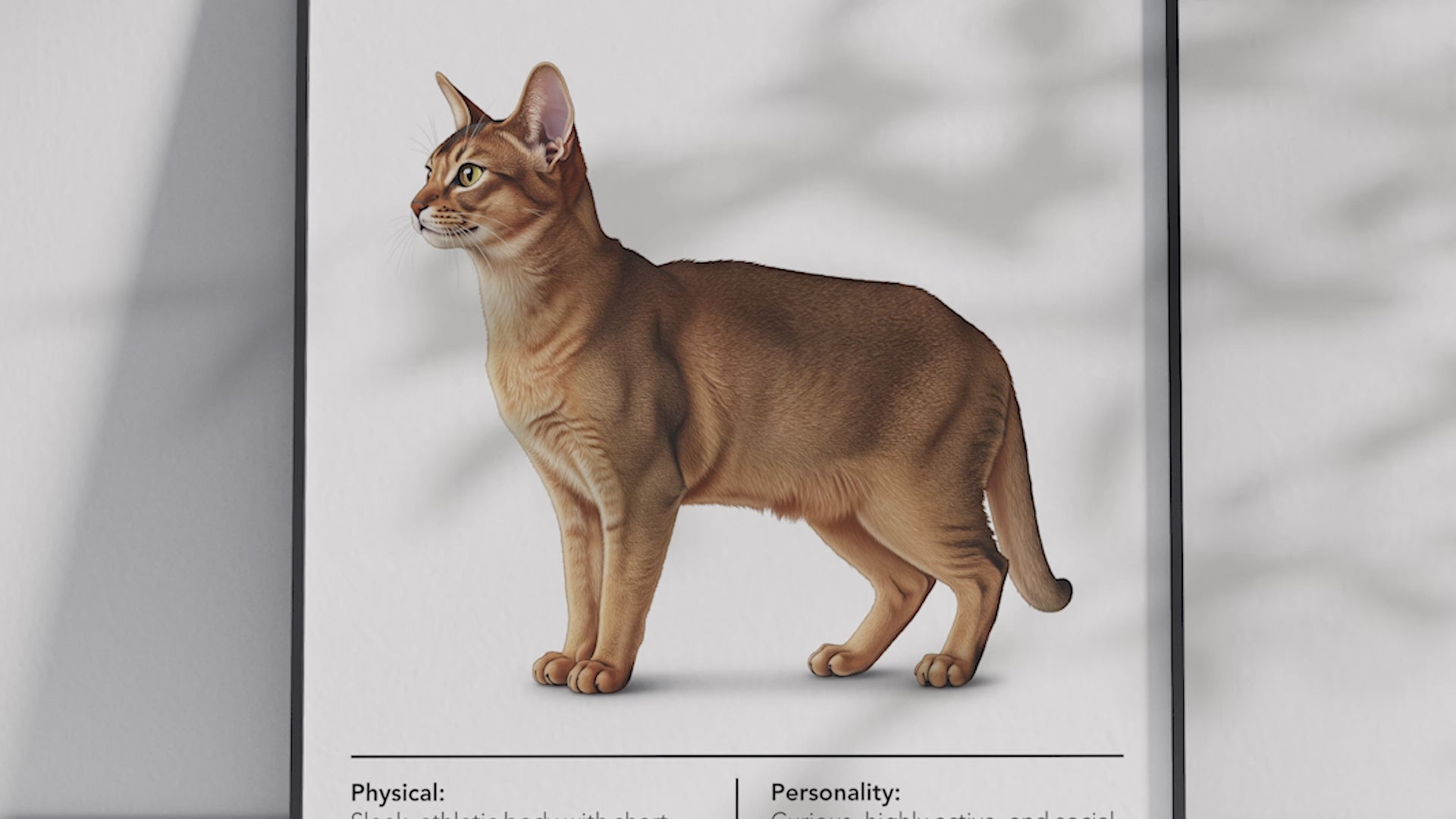 Dynamic Abyssinian cat breed poster featuring a detailed illustration of the cat with its striking ticked coat and slender build, printed on semi-gloss sustainable paper. Perfect wall art for modern living rooms, studies, or adventurous interiors with a vibrant and exotic aesthetic.