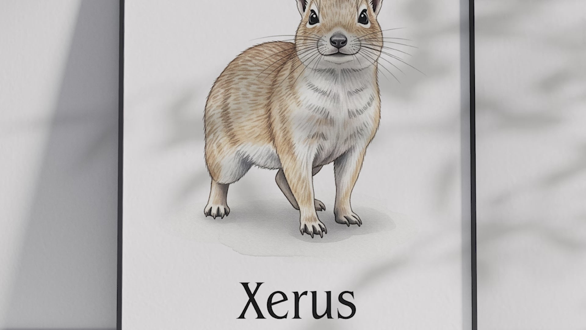 Detailed hand-illustrated Educational Xerus Animal Poster for the letter 'X', printed on semi-gloss sustainable paper. Perfect wall art for children's rooms, nurseries, or playrooms with an educational and nature-inspired aesthetic.