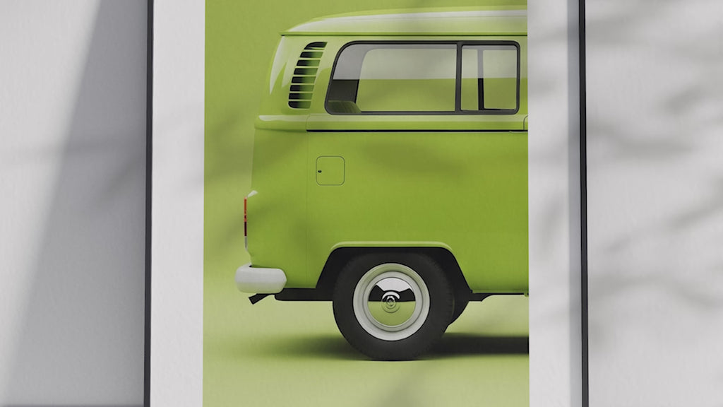 Charming Volkswagen Type 2 T1 car poster featuring a detailed vintage bus illustration in vibrant tones, printed on semi-gloss sustainable paper. Perfect wall art for living rooms, studios, or modern interiors with a retro and adventurous aesthetic.