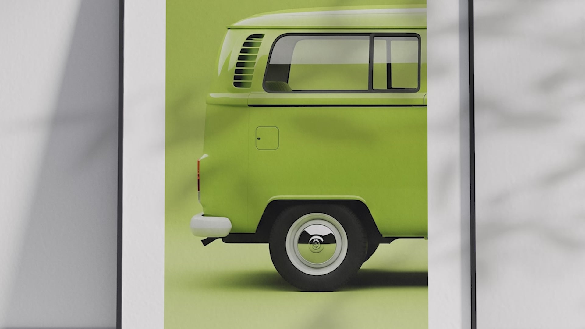 Charming Volkswagen Type 2 T1 car poster featuring a detailed vintage bus illustration in vibrant tones, printed on semi-gloss sustainable paper. Perfect wall art for living rooms, studios, or modern interiors with a retro and adventurous aesthetic.