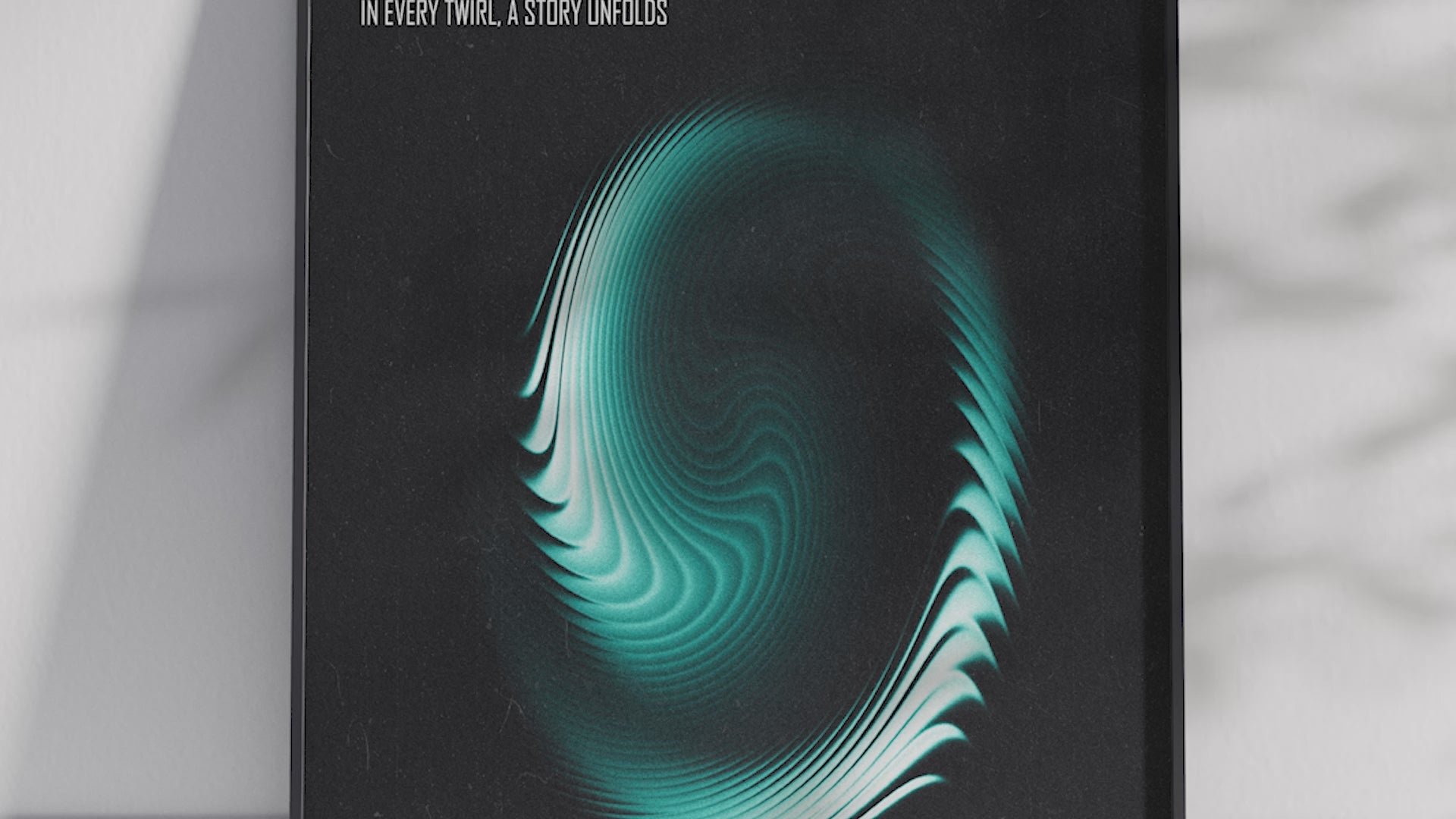 'Twirl' poster featuring a dynamic turquoise and teal swirl graphic on a deep black background, including the poetic quote "In every twirl, a story unfolds". Perfect modern wall art for living rooms, offices, or minimalist interiors seeking a sleek and energetic focal point.