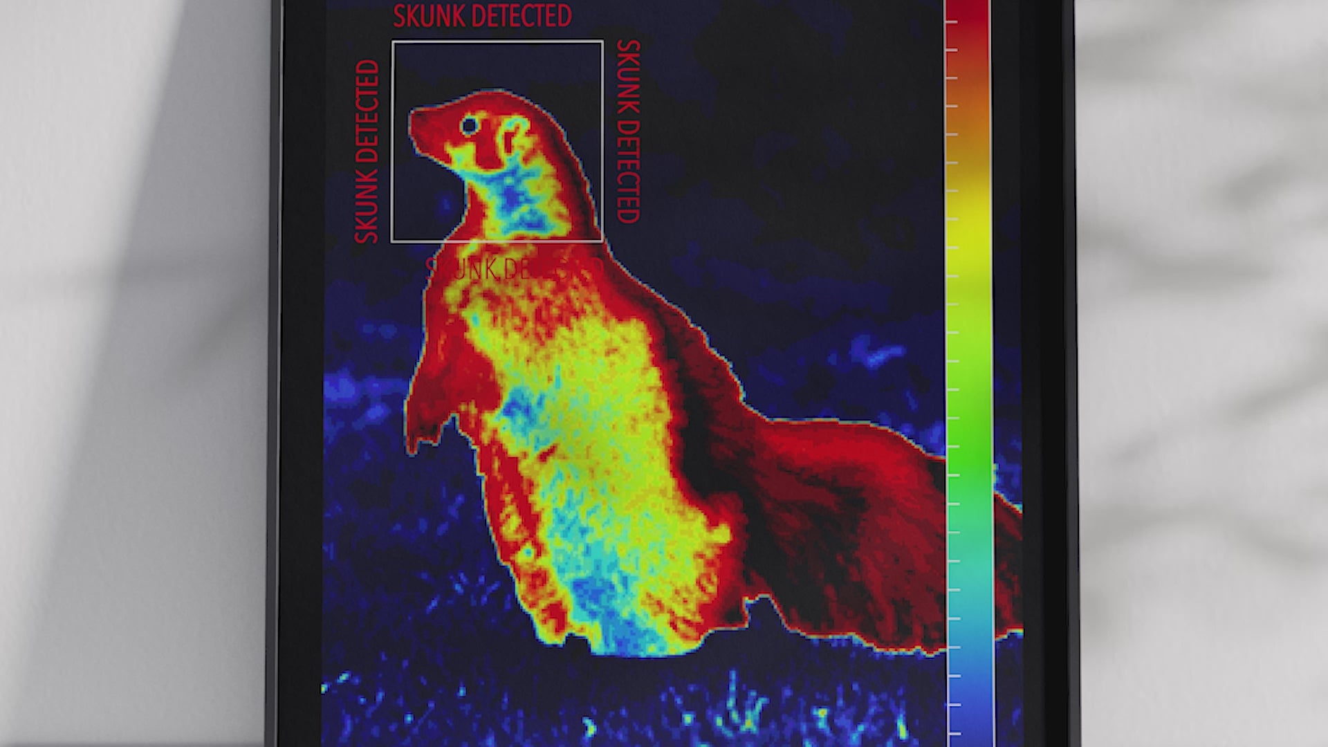 Modern infrared skunk poster featuring a fluffy skunk illustration in vibrant thermal colors, printed on semi-gloss paper. Perfect wall art for living rooms, studies, or modern homes with a unique, quirky aesthetic.