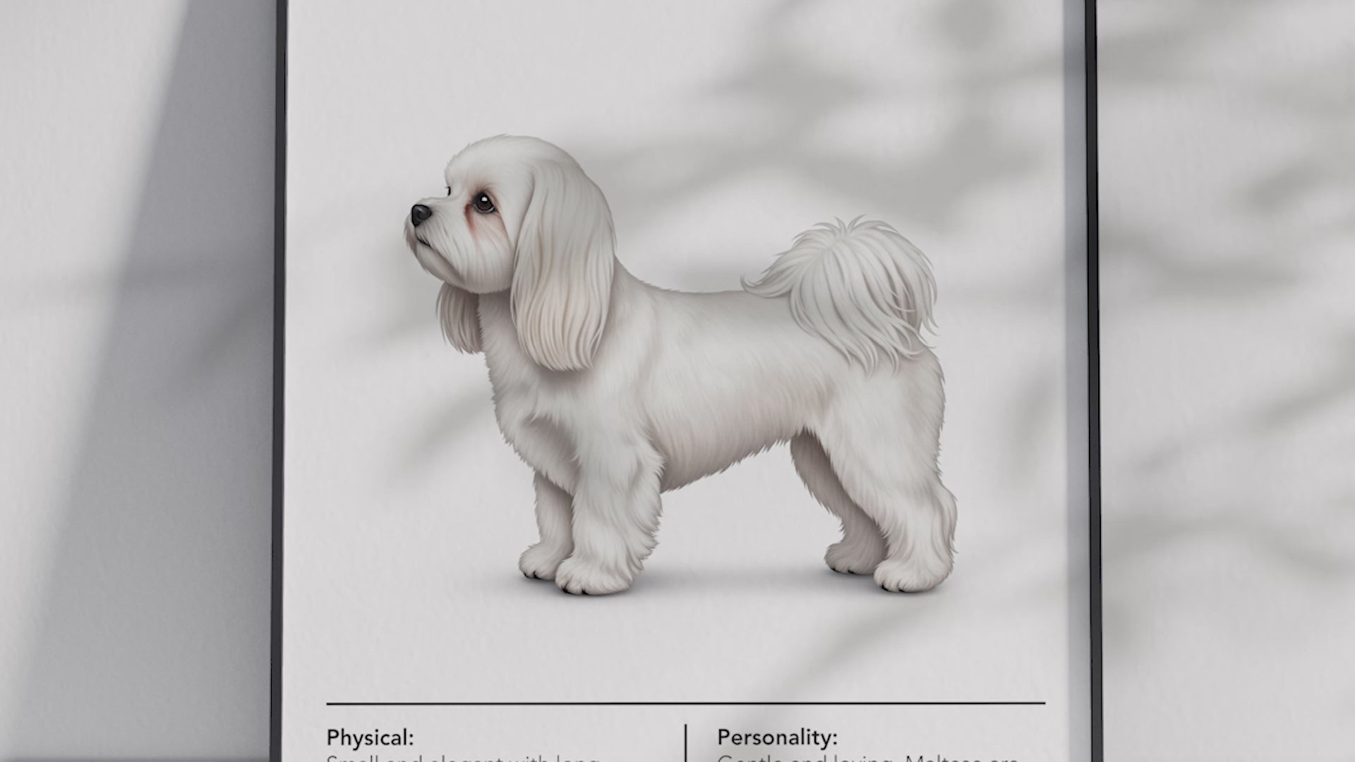 Detailed Maltese dog breed poster showcasing its luxurious white coat and gentle, cheerful personality traits, printed on semi-gloss sustainable paper. Perfect wall art for bedrooms, living rooms, or modern interiors with an elegant and affectionate aesthetic.