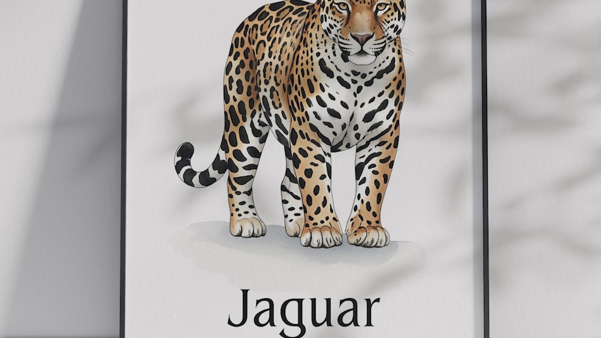 Detailed hand-illustrated Educational Jaguar Animal Poster for the letter 'J', printed on semi-gloss sustainable paper. Perfect wall art for children's rooms, nurseries, or playrooms with an educational and nature-inspired aesthetic.