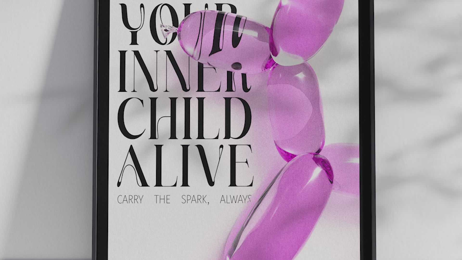 Vibrant balloon dog art poster with "KEEP YOUR INNER CHILD ALIVE" quote, featuring a glossy pink inflatable dog, printed on semi-gloss sustainable paper. Perfect wall art for playrooms, modern living rooms, or creative interiors with a fun and inspiring aesthetic.