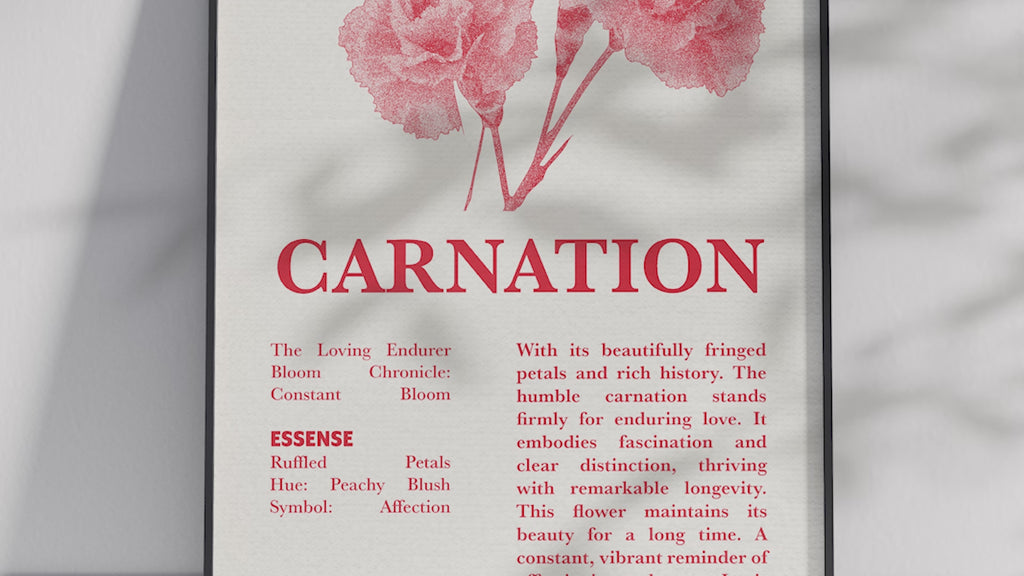 Vintage botanical carnation poster featuring a detailed flower illustration in vibrant red tones, printed on semi-gloss sustainable paper. Perfect wall art for living rooms, bedrooms, or modern interiors with a loving and natural aesthetic.