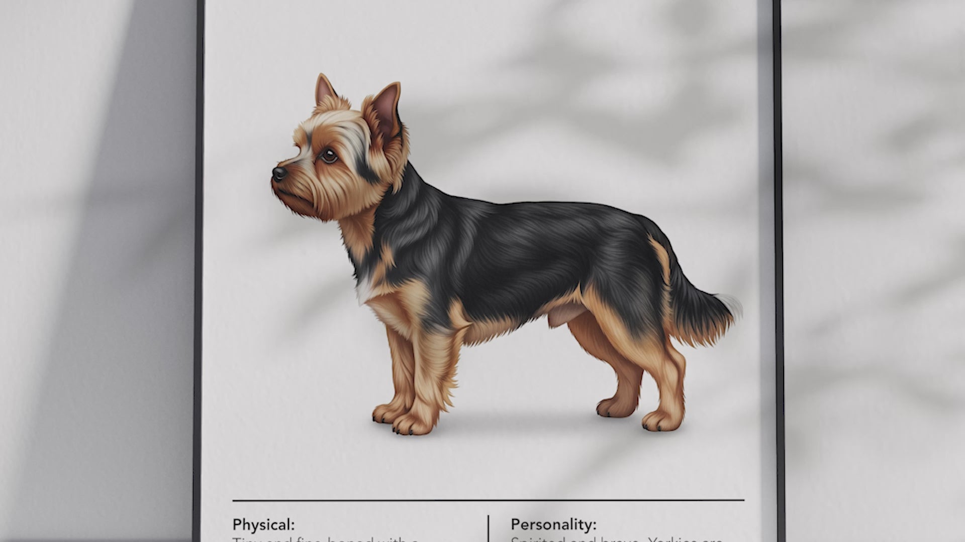 Detailed Yorkshire Terrier dog breed poster showcasing its silky coat and confident, affectionate personality traits, printed on semi-gloss sustainable paper. Perfect wall art for living rooms, bedrooms, or modern interiors with an elegant and spirited aesthetic.