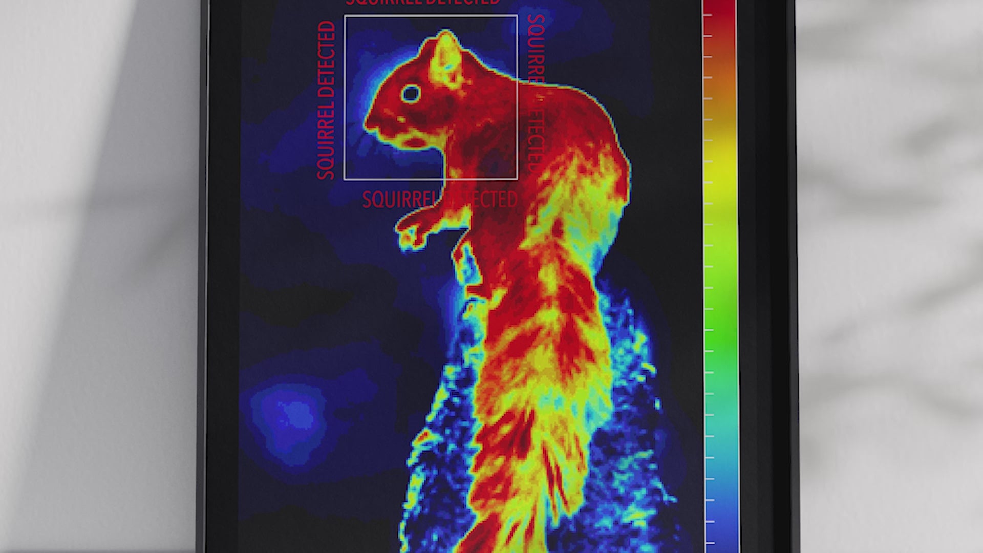 Modern infrared fluffy squirrel poster featuring a detailed wildlife illustration in vibrant thermal colors, printed on semi-gloss paper. Perfect wall art for living rooms, studies, or modern interiors with a unique, playful aesthetic.