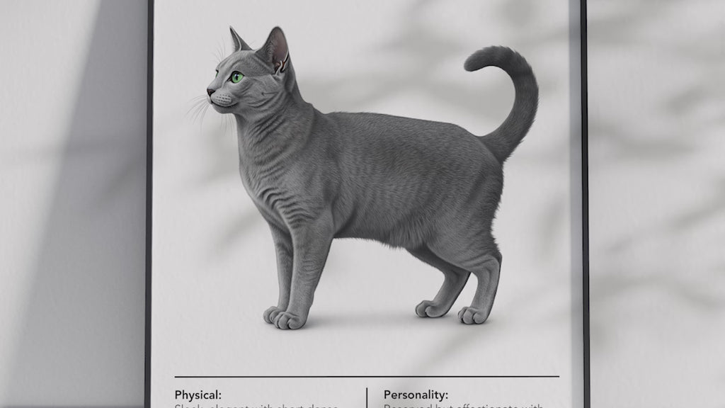 Minimalist Russian Blue cat breed poster featuring a detailed illustration of the cat's shimmering blue-gray coat and emerald eyes, printed on semi-gloss sustainable paper. Perfect wall art for modern living rooms, studies, or elegant interiors with a calm and sophisticated aesthetic.