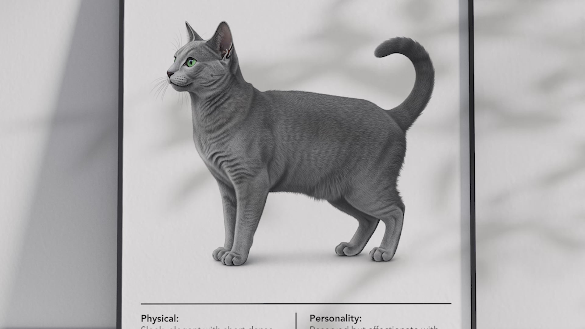 Minimalist Russian Blue cat breed poster featuring a detailed illustration of the cat's shimmering blue-gray coat and emerald eyes, printed on semi-gloss sustainable paper. Perfect wall art for modern living rooms, studies, or elegant interiors with a calm and sophisticated aesthetic.