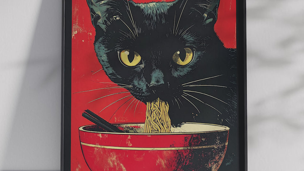 Striking black cat poster featuring a detailed illustration of a cat eating ramen noodles, printed on semi-gloss sustainable paper. Perfect wall art for kitchens, dining areas, or modern interiors with a playful and unique aesthetic.
