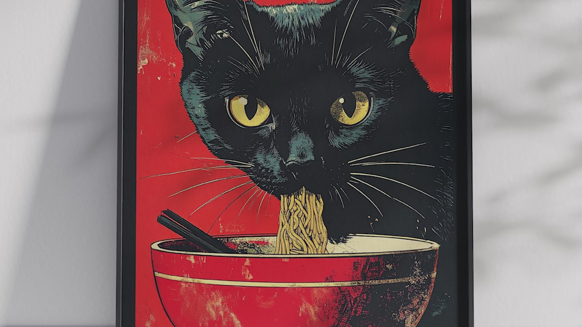 Striking black cat poster featuring a detailed illustration of a cat eating ramen noodles, printed on semi-gloss sustainable paper. Perfect wall art for kitchens, dining areas, or modern interiors with a playful and unique aesthetic.