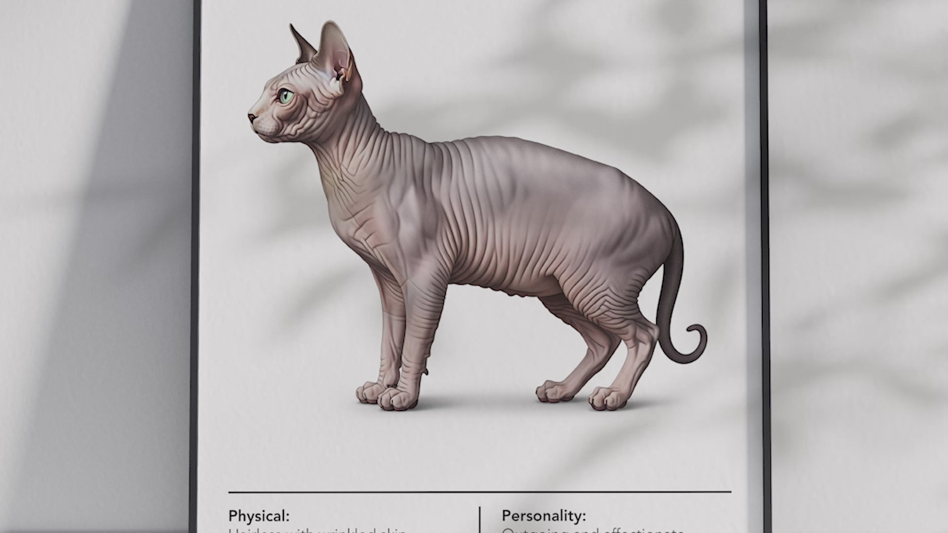 Unique Sphynx cat breed poster featuring a detailed illustration of its hairless skin, large ears, and expressive eyes, printed on semi-gloss sustainable paper. Perfect wall art for modern living rooms, minimalist offices, or artistic interiors with a distinctive and affectionate aesthetic.