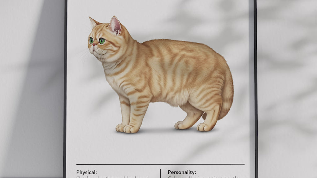 Sweet Exotic Shorthair cat breed poster featuring a detailed illustration of the cat with its plush coat and gentle expression, printed on semi-gloss sustainable paper. Perfect wall art for bedrooms, living rooms, or cozy interiors with a comforting and serene aesthetic.