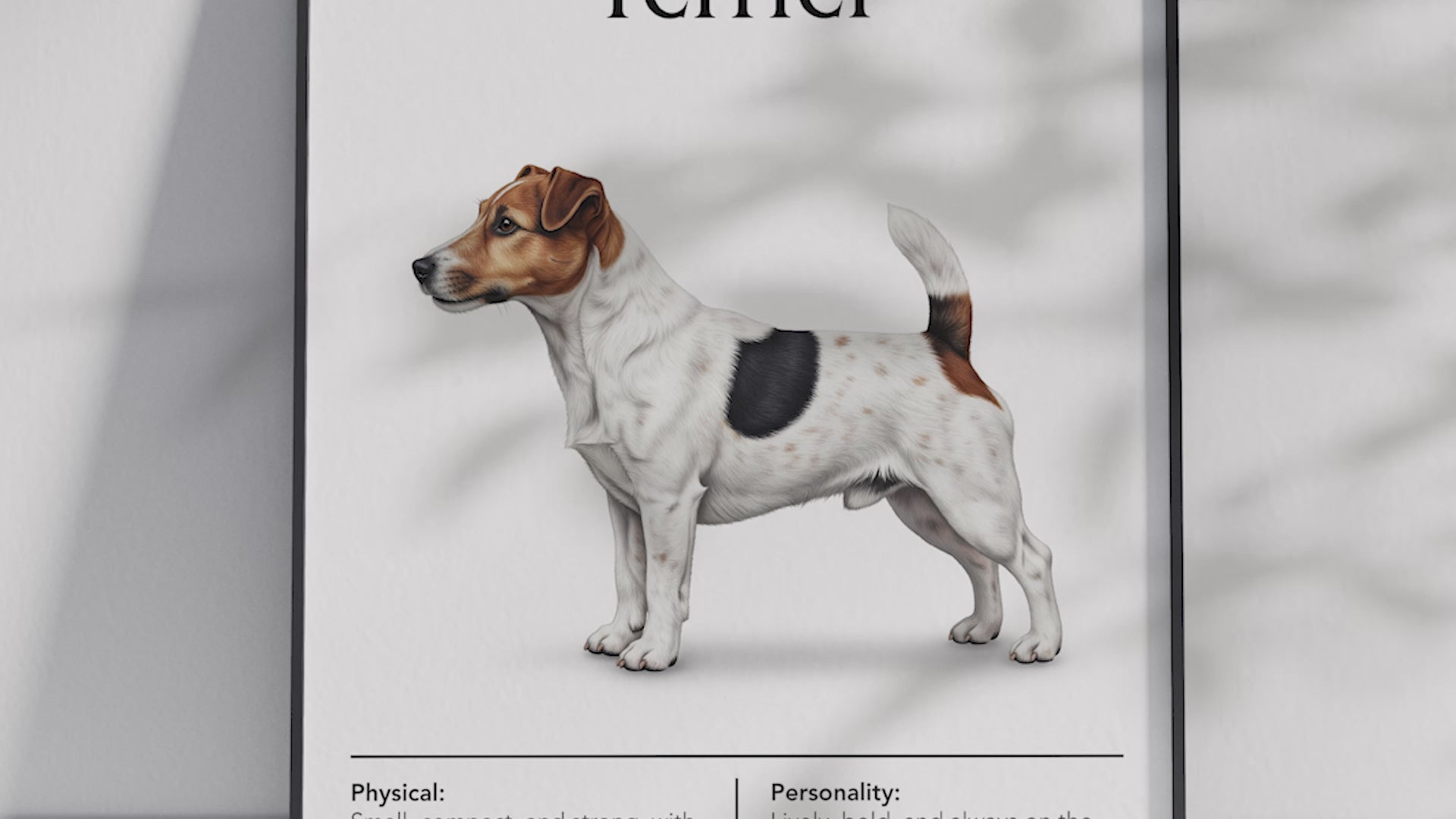 Detailed Jack Russell Terrier dog breed poster showcasing its alert expression and energetic, tenacious personality traits, printed on semi-gloss sustainable paper. Perfect wall art for active living rooms, playrooms, or modern interiors with a lively and spirited aesthetic.