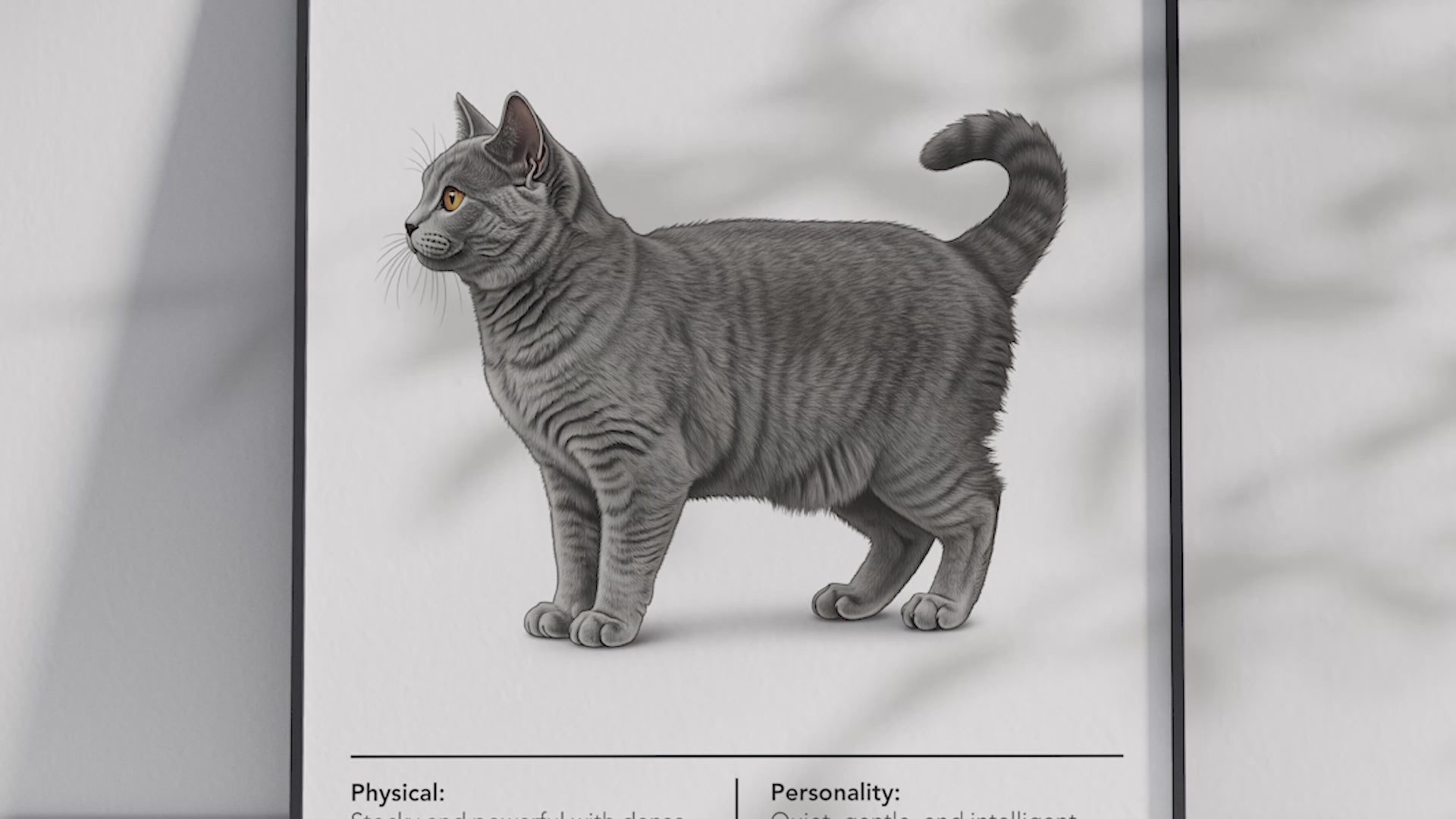 Elegant Chartreux cat breed poster featuring a detailed illustration of the cat with its distinctive blue-gray coat and gentle expression, printed on semi-gloss sustainable paper. Perfect wall art for living rooms, studies, or classic interiors with a calm and sophisticated aesthetic.