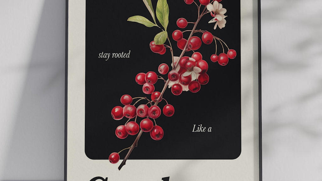 Minimalist botanical cranberry poster featuring a detailed fruit illustration with poetic text. Printed on semi-gloss sustainable paper. Perfect wall decor for kitchens, cozy spaces, or modern interiors that value natural beauty and quiet strength.