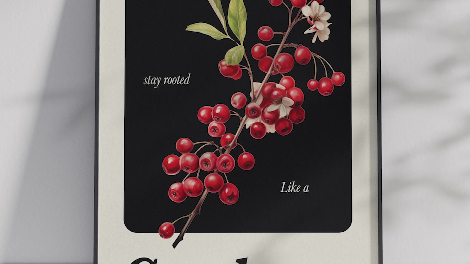 Minimalist botanical cranberry poster featuring a detailed fruit illustration with poetic text. Printed on semi-gloss sustainable paper. Perfect wall decor for kitchens, cozy spaces, or modern interiors that value natural beauty and quiet strength.