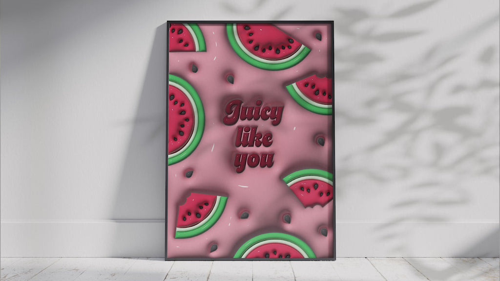 Vibrant 3D watermelon slice pop art poster with "Juicy Like You" text on a pink background, featuring scattered seeds and a dynamic design, printed on semi-gloss sustainable paper. Perfect wall art for modern kitchens, lively living spaces, or any interior desiring a colorful and fun aesthetic.