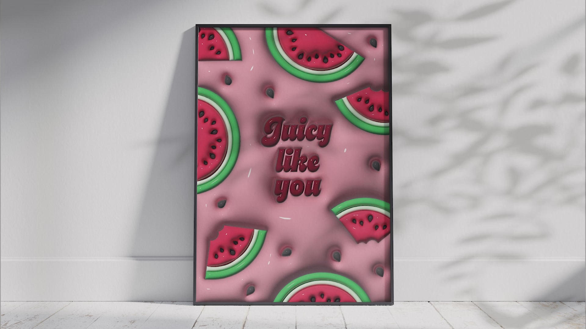 Vibrant 3D watermelon slice pop art poster with "Juicy Like You" text on a pink background, featuring scattered seeds and a dynamic design, printed on semi-gloss sustainable paper. Perfect wall art for modern kitchens, lively living spaces, or any interior desiring a colorful and fun aesthetic.