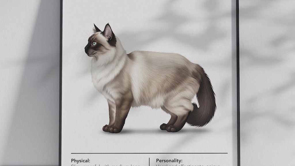 Elegant Balinese cat breed poster featuring a detailed illustration of the cat with its striking blue eyes and long silky coat, printed on semi-gloss sustainable paper. Perfect wall art for living rooms, bedrooms, or sophisticated interiors with a serene and graceful aesthetic.