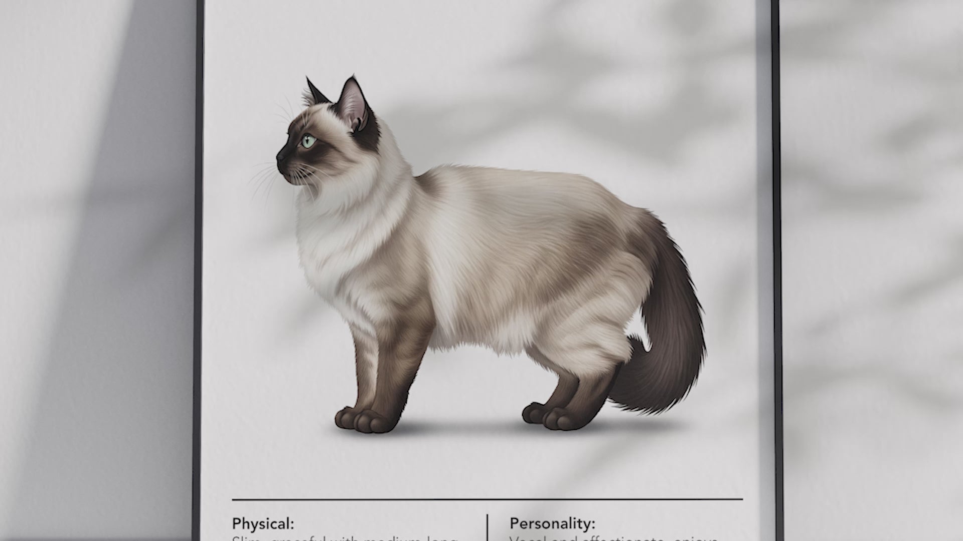 Elegant Balinese cat breed poster featuring a detailed illustration of the cat with its striking blue eyes and long silky coat, printed on semi-gloss sustainable paper. Perfect wall art for living rooms, bedrooms, or sophisticated interiors with a serene and graceful aesthetic.