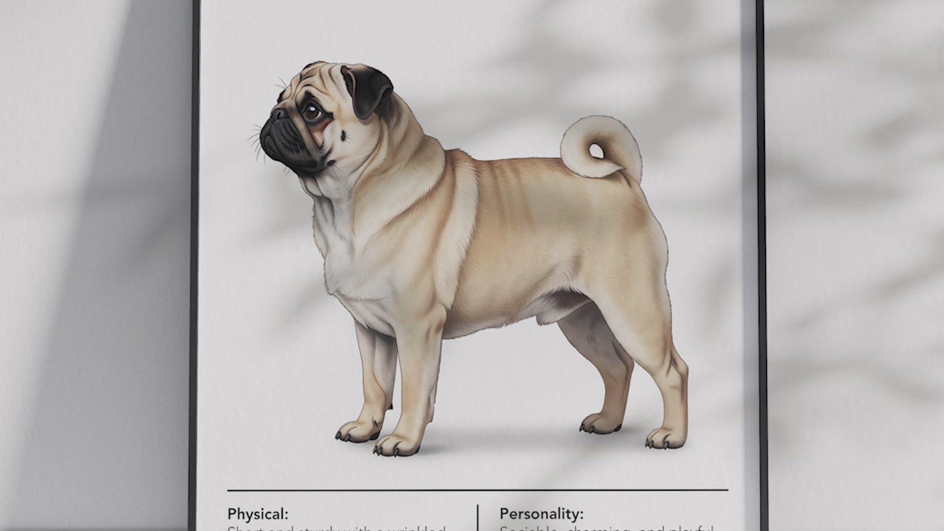 Detailed Pug dog breed poster showcasing its distinctive wrinkled face and charming, playful personality traits, printed on semi-gloss sustainable paper. Perfect wall art for living rooms, bedrooms, or modern interiors with a whimsical and endearing aesthetic.