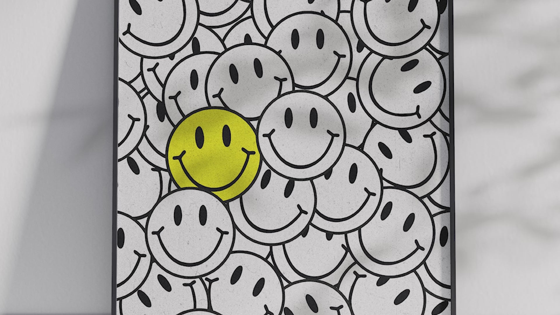 Vibrant "Bright Smiley Clustered Art Poster" featuring an overlapping arrangement of black and white smileys with one bold yellow smiley. Printed on semi-gloss sustainable paper, this modern wall art is perfect for living rooms, bedrooms, or creative spaces, encouraging positivity and individuality with its dynamic, dense composition.