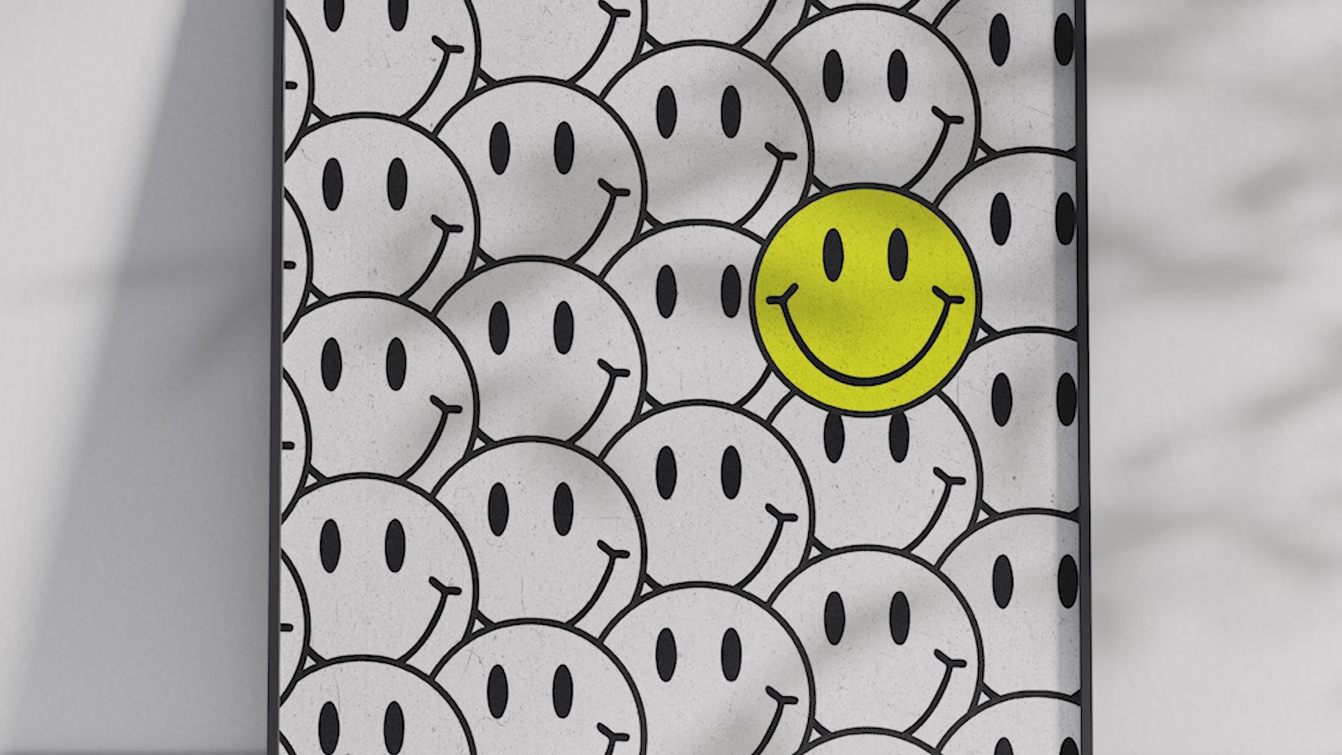 Vibrant "Bright Smiley Structured Art Poster" featuring a grid pattern of black and white smileys with one bold yellow smiley. Printed on semi-gloss sustainable paper, this modern wall art is perfect for living rooms, bedrooms, or creative spaces, encouraging positivity and individuality.