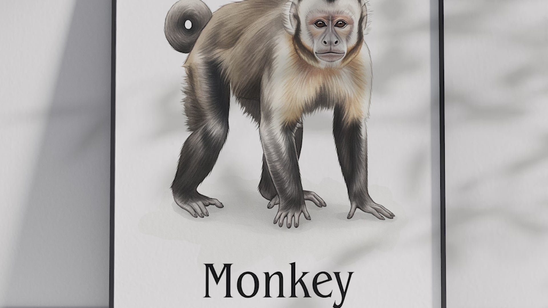 Detailed hand-illustrated Educational Monkey Animal Poster for the letter 'M', printed on semi-gloss sustainable paper. Perfect wall art for children's rooms, nurseries, or playrooms with an educational and nature-inspired aesthetic.