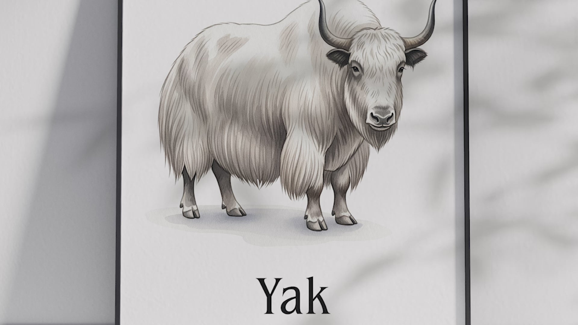 Detailed hand-illustrated Educational Yak Animal Poster for the letter 'Y', printed on semi-gloss sustainable paper. Perfect wall art for children's rooms, nurseries, or playrooms with an educational and nature-inspired aesthetic.