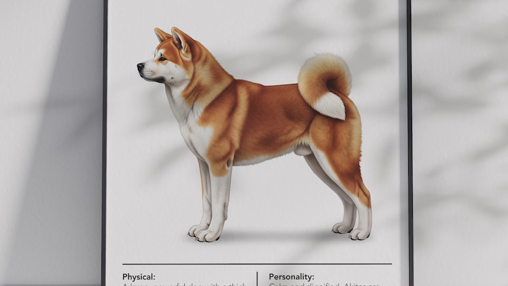 Detailed Akita Inu dog breed poster showcasing its physical characteristics and personality traits, printed on semi-gloss sustainable paper. Perfect wall art for living rooms, studies, or modern interiors with a dignified and elegant aesthetic.