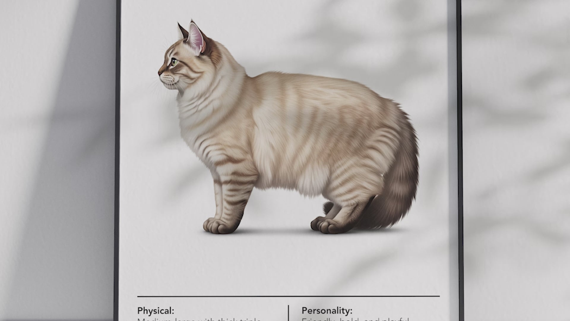 Majestic Siberian cat breed poster featuring a detailed illustration of its lush, triple-layered coat and expressive eyes, printed on semi-gloss sustainable paper. Perfect wall art for cozy living rooms, studies, or natural-themed interiors with a rustic and affectionate aesthetic.